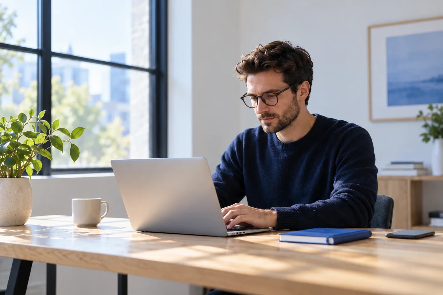 A man working on a laptop at a wooden desk in a bright home studio.