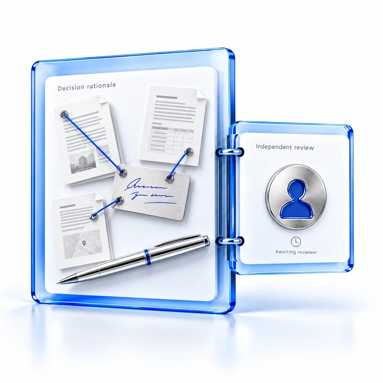 Evidence connected to a recorded decision rationale, with a separate independent review awaiting a reviewer.