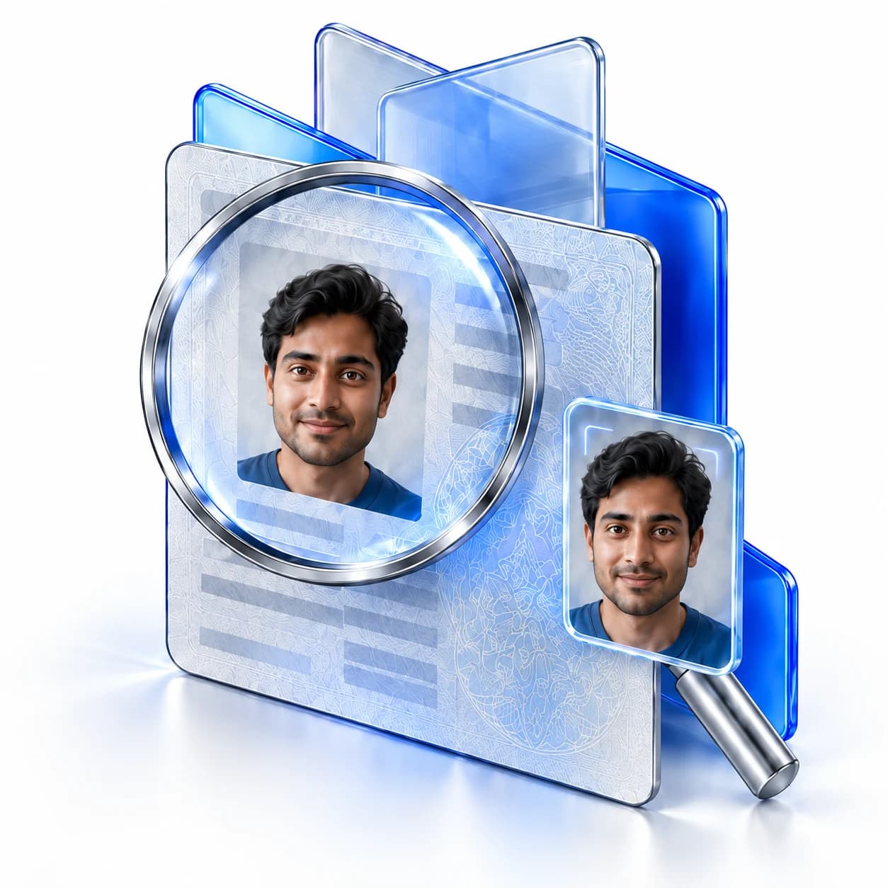 A silver lens examines a fictional identity document beside a live-capture portrait of the same man.