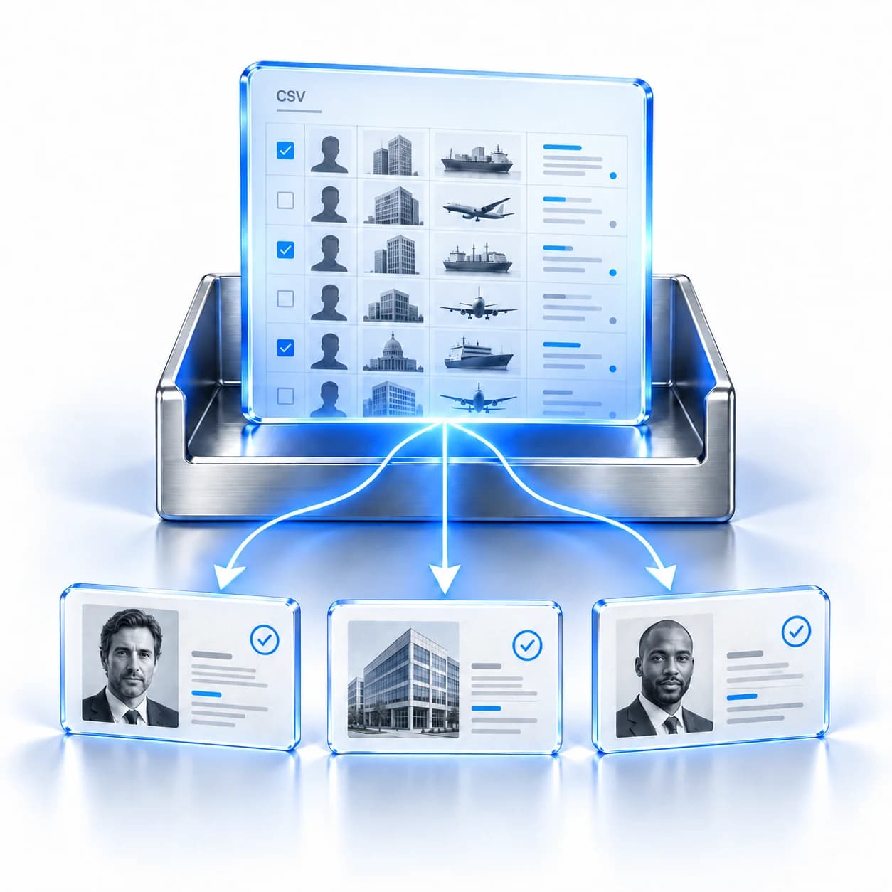 A CSV portfolio separates into individual and organization subject cards for screening.