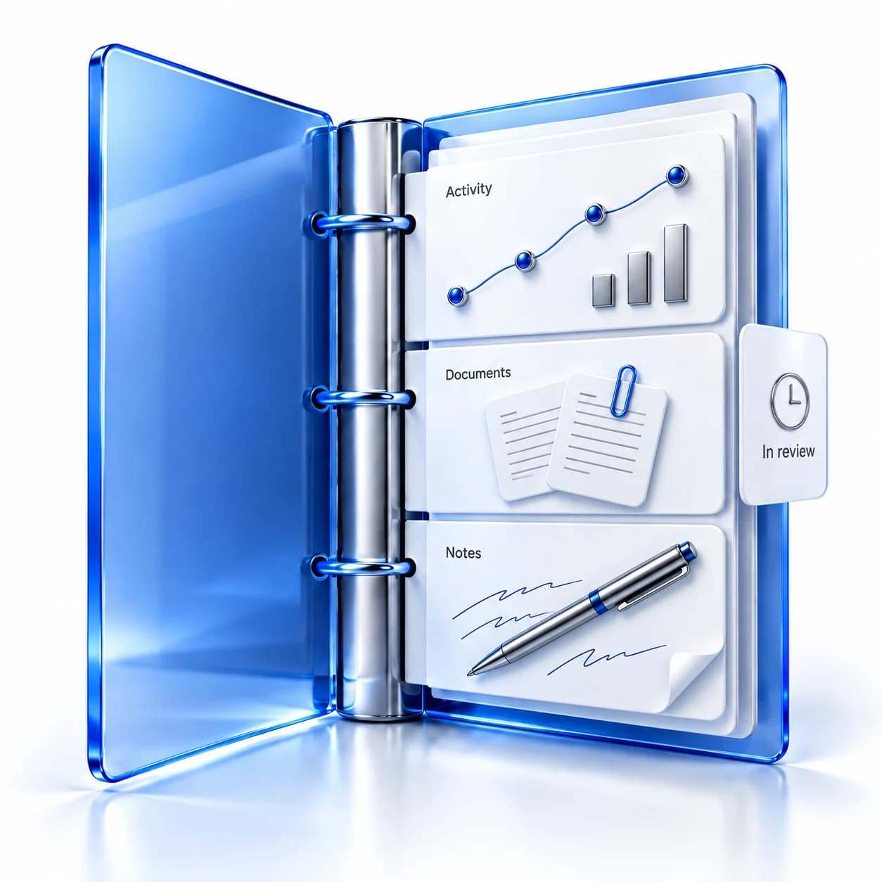 An open investigation binder brings activity, supporting documents and investigator notes together for review.