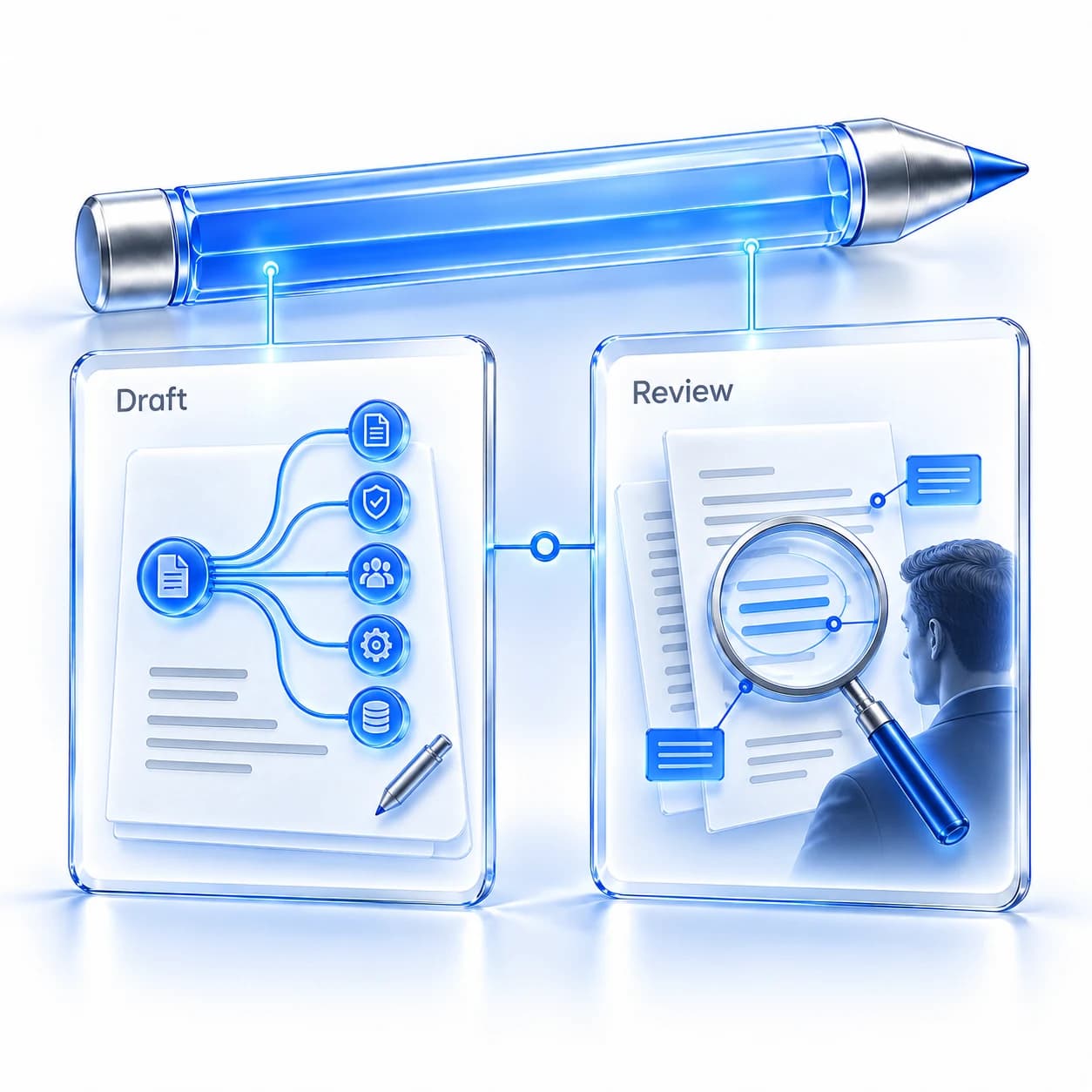 A proposed rule diagram and an annotated review document sit beneath a drafting pen.