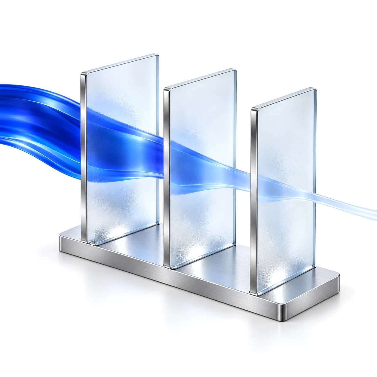 A deep blue ribbon passes through three glass control panes and leaves as a faint strand.