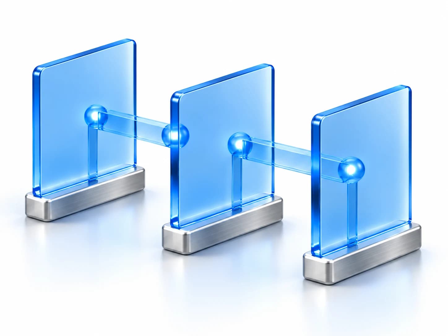 Three connected glass panes representing a verification event traveling to your workflow.