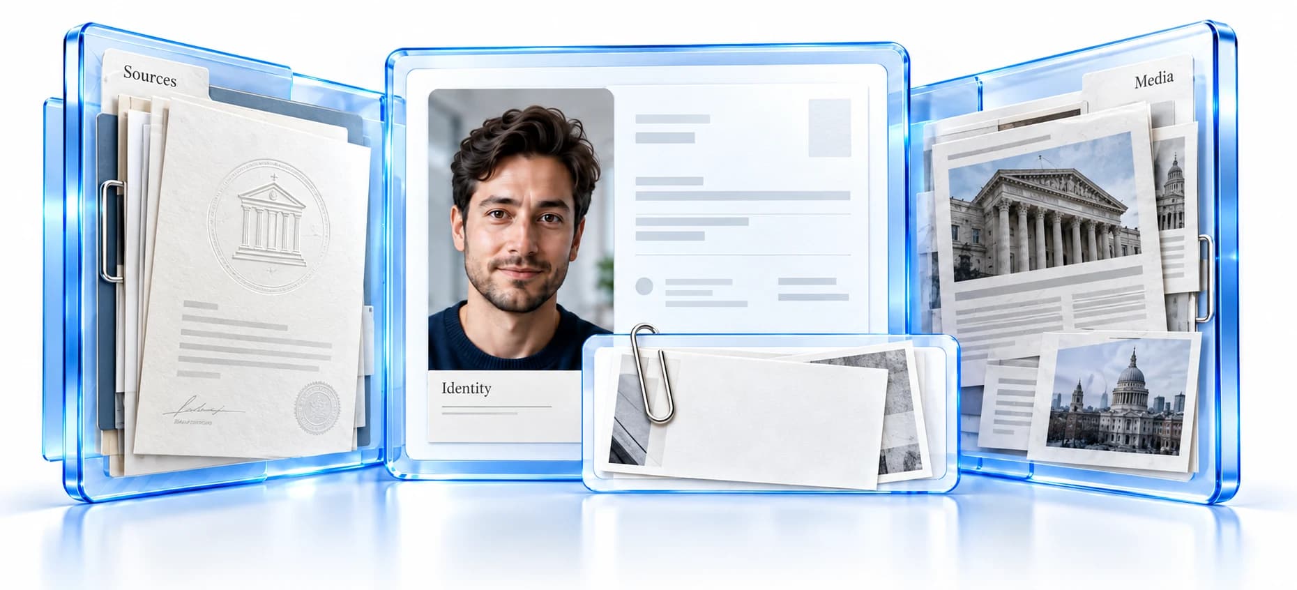 An identity folio connects a subject portrait with official source documents and media evidence.