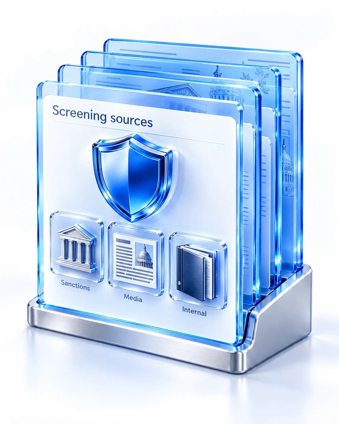 A glass source folio brings sanctions, media and internal records together for screening.