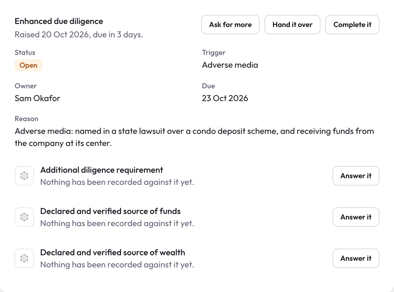 An open enhanced due diligence review with owner, due date and outstanding evidence