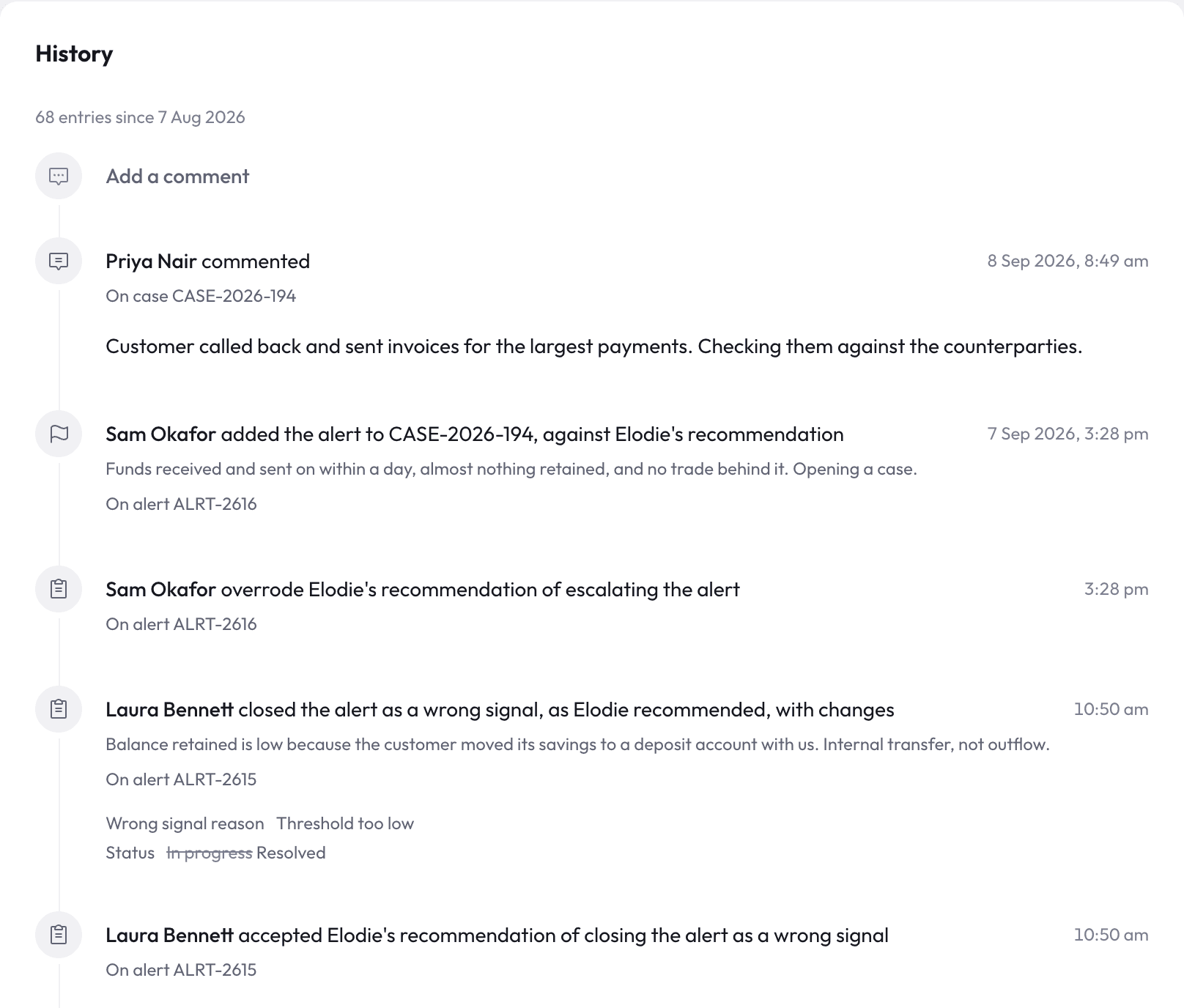 Customer history with a reviewer's comment, an override of Elodie's recommendation and an alert closed as Elodie recommended