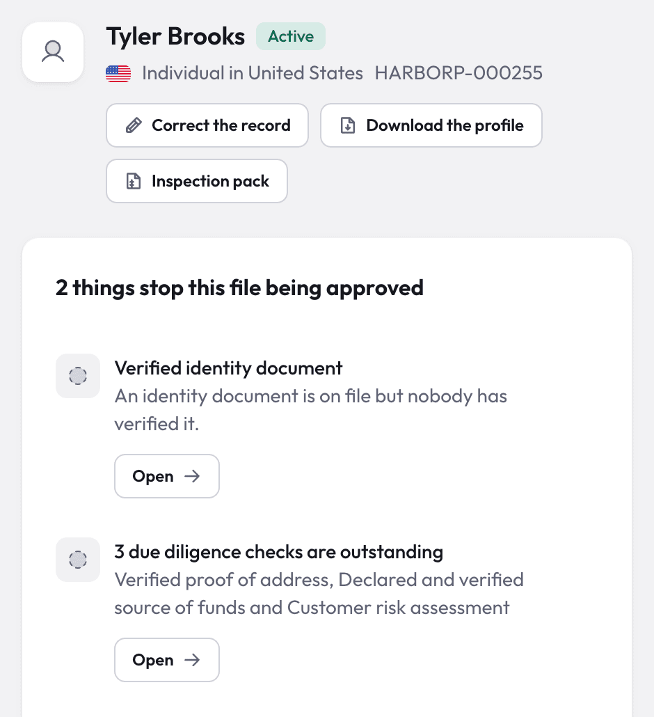 Nex AML customer profile showing an unverified identity document blocking approval