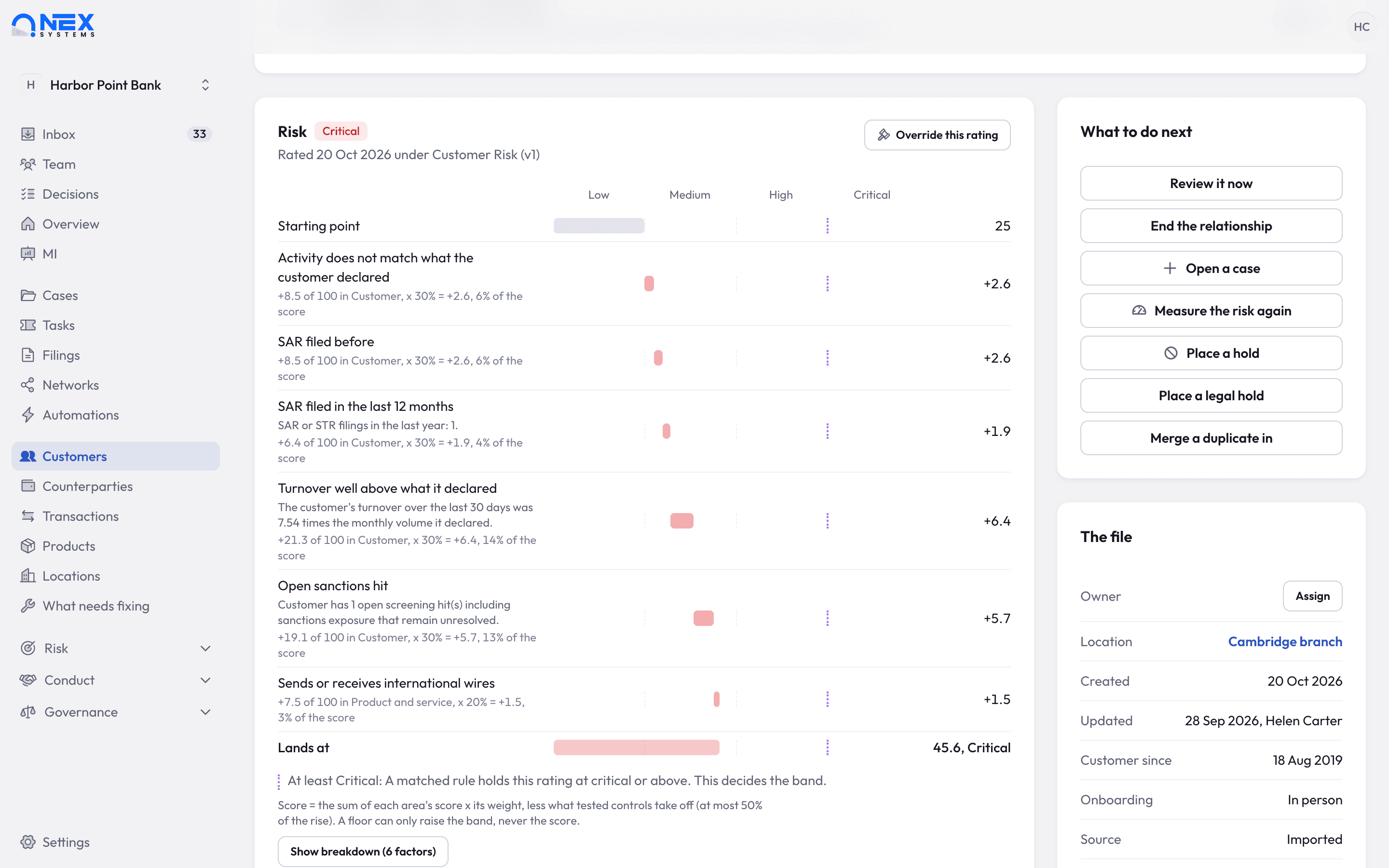 Nex AML customer risk rating with its band and the score from each risk area
