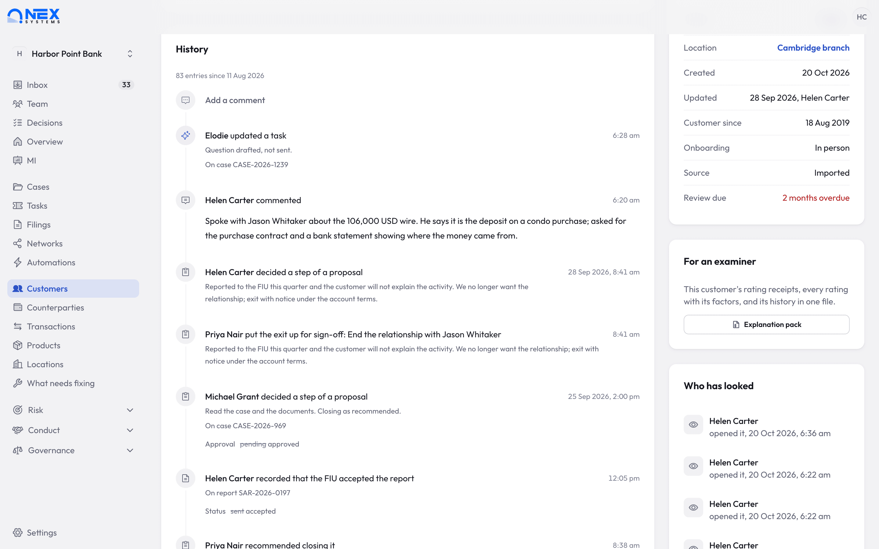 Nex AML customer history showing each comment and Elodie action with its time