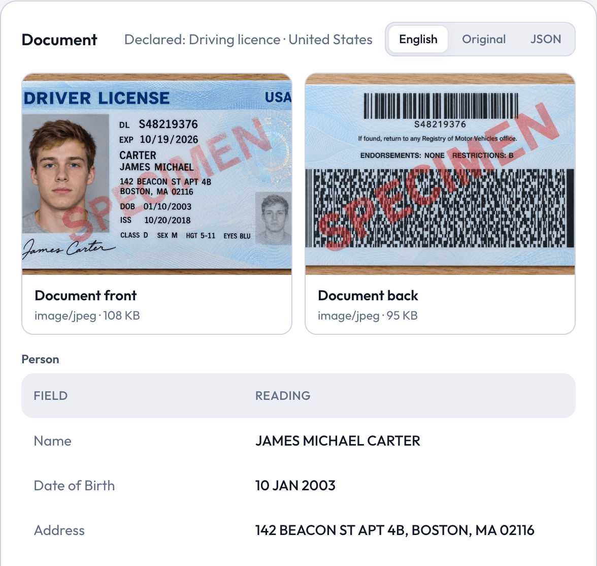 Extracted document details beside the captured front and back