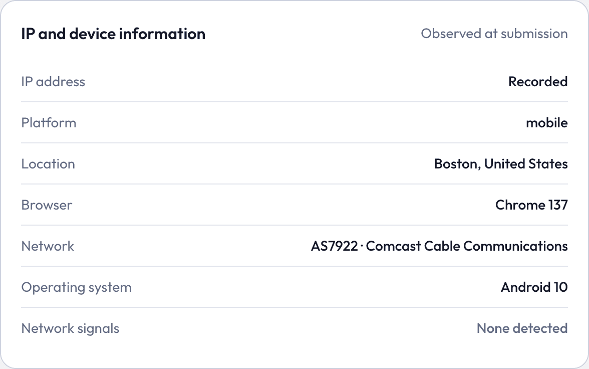 IP address, location, network and device details observed at submission