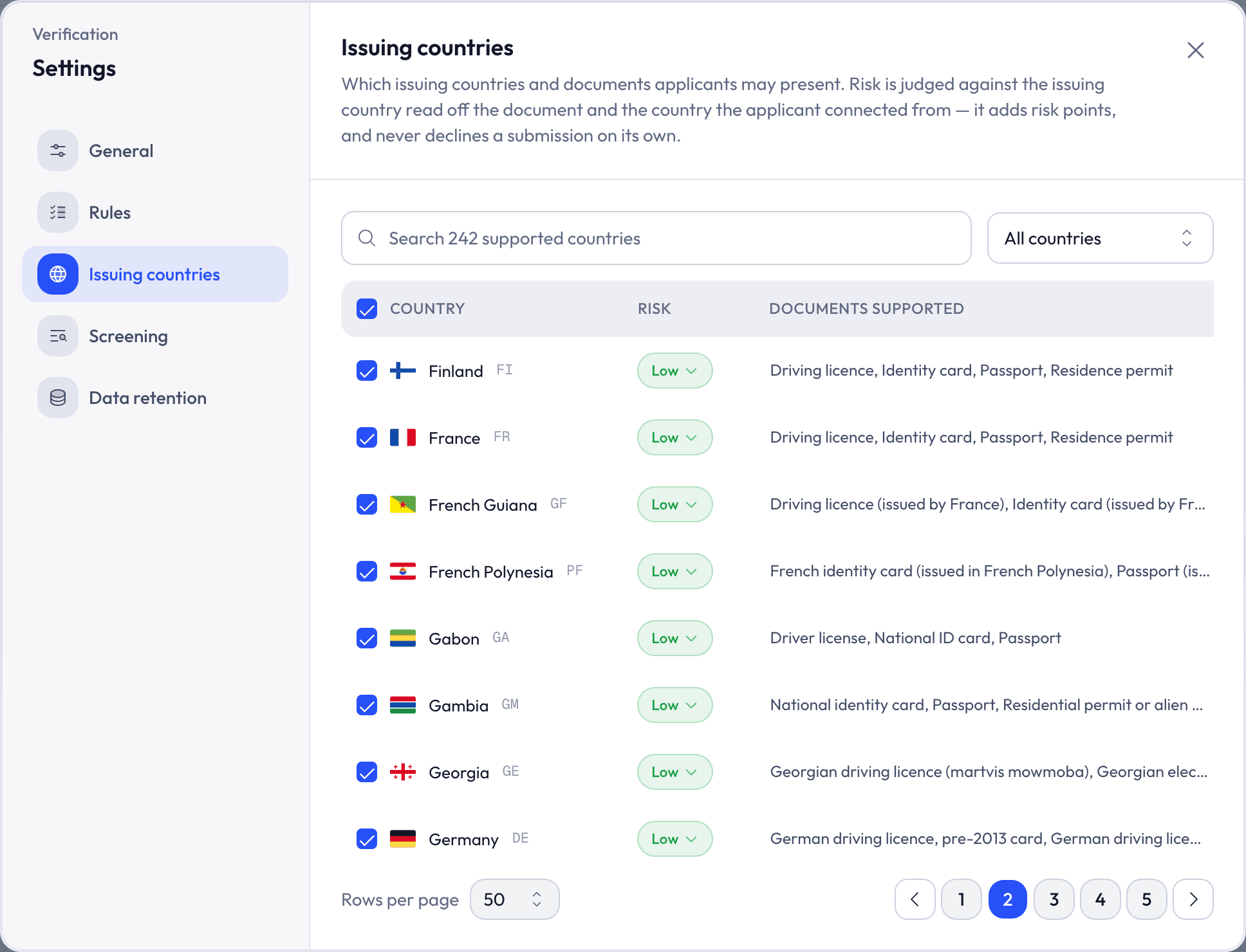 Verification settings listing the issuing countries accepted for documents