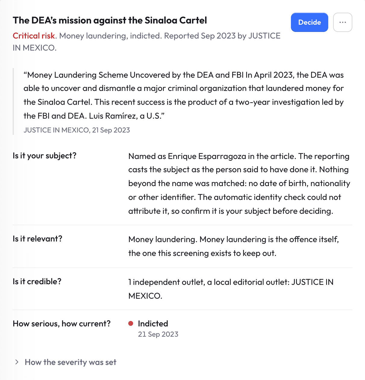 Adverse media story with subject, credibility and legal-stage assessment